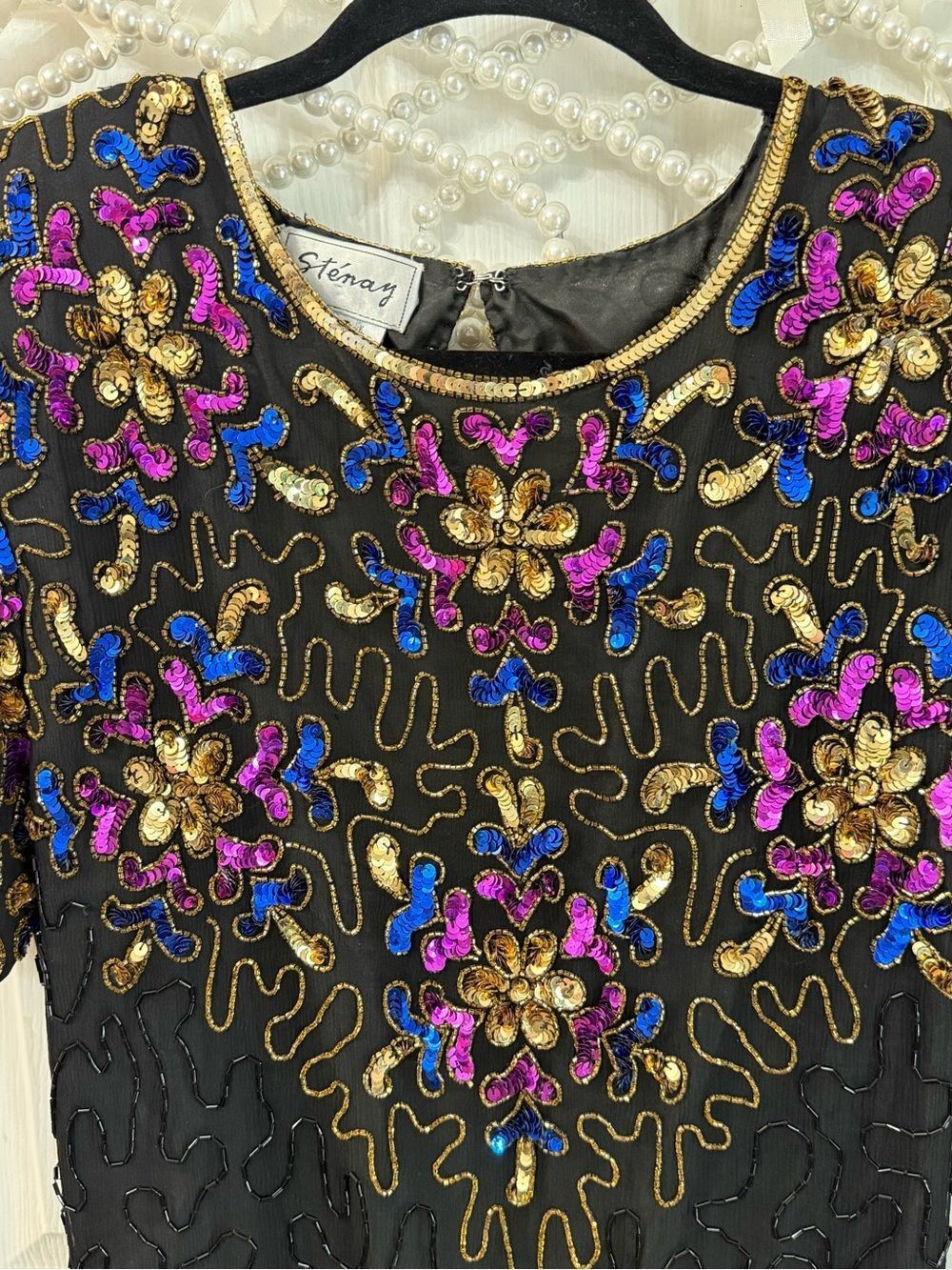 Vintage Embellished Black Cocktail Dress w/ Multicolor Floral Beading NYE Dress - Picture 3 of 15